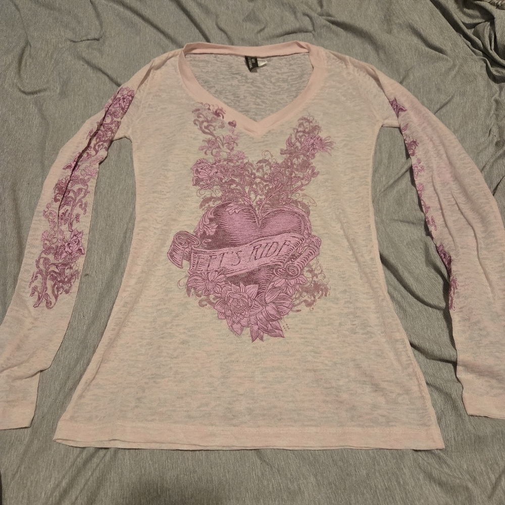 Hot Leathers Pink Sheer V Neck Long Sleeve Top "Let's Ride" Size Medium